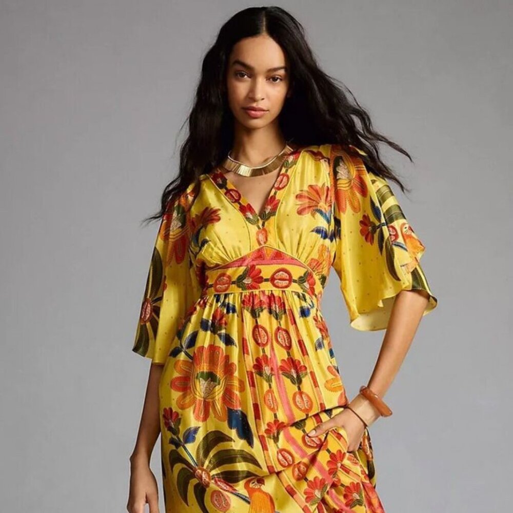 Farm Rio Maxi Dress - Anthropologie - Yellow, Floral, Size Small